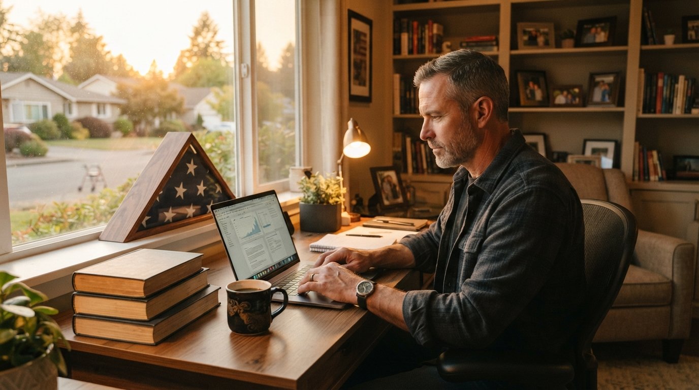Military veteran in civilian clothes studying at a laptop in a home office with a folded American flag, textbooks, and a…