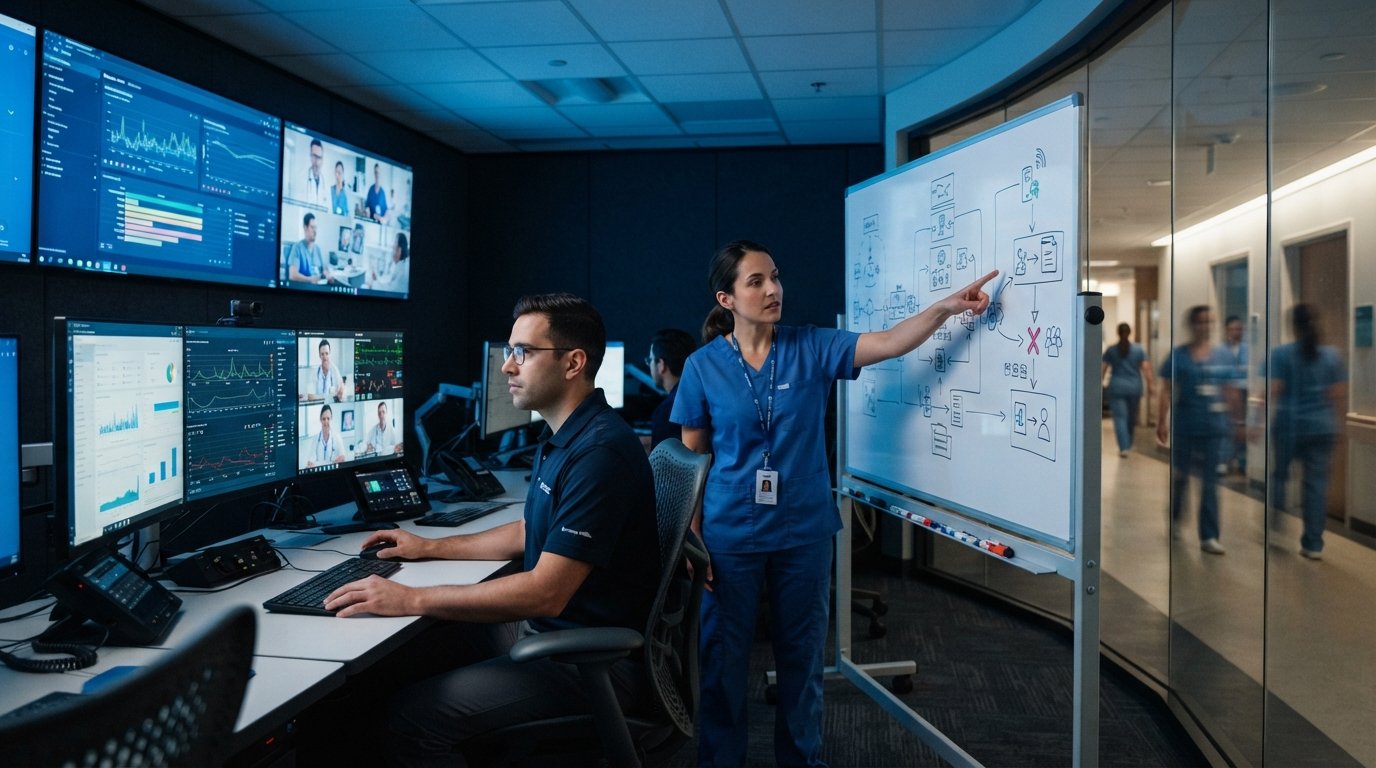 Two professionals in a hospital command center review patient data dashboards, EHR interfaces, and telehealth feeds on…