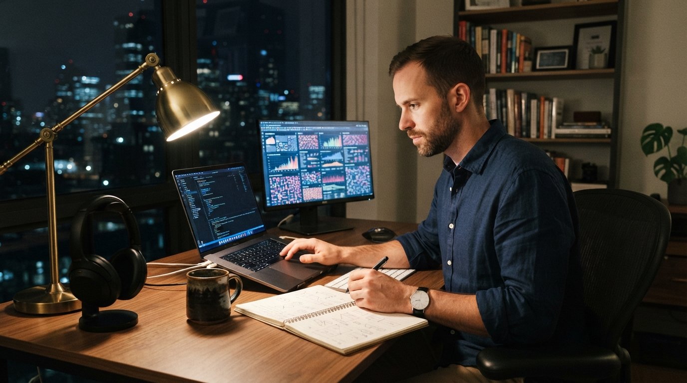 Adult in a button-down shirt studies code on a laptop beside a monitor showing colorful data dashboards in a dim home…