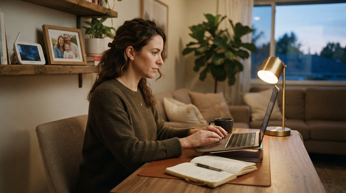 Parent in a casual sweater types on a laptop at a home desk with a notebook, coffee mug, lamp, baby monitor, and framed…