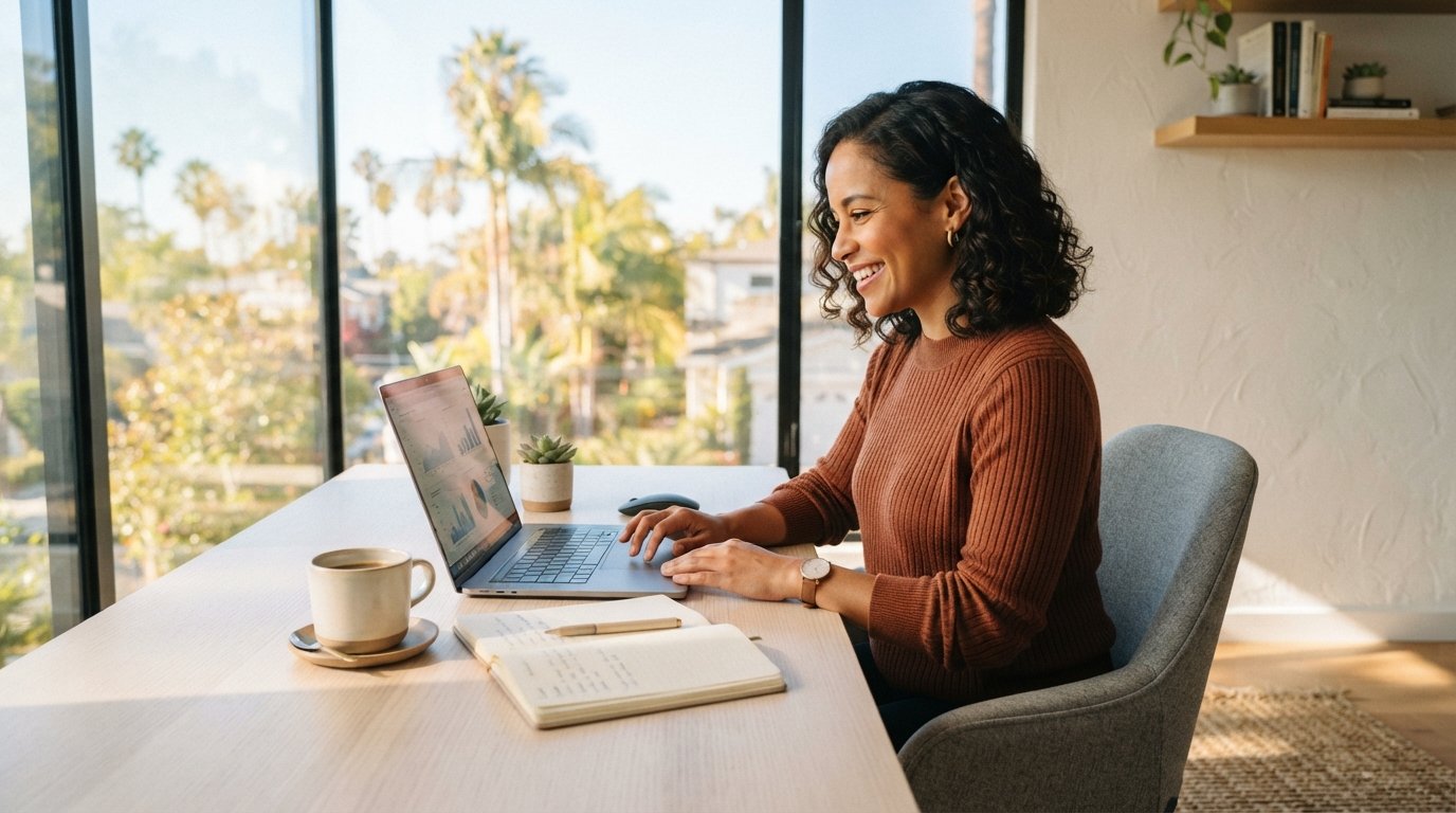 Smiling woman in business-casual attire works on a laptop at a white desk, with palm trees visible through a window behind…