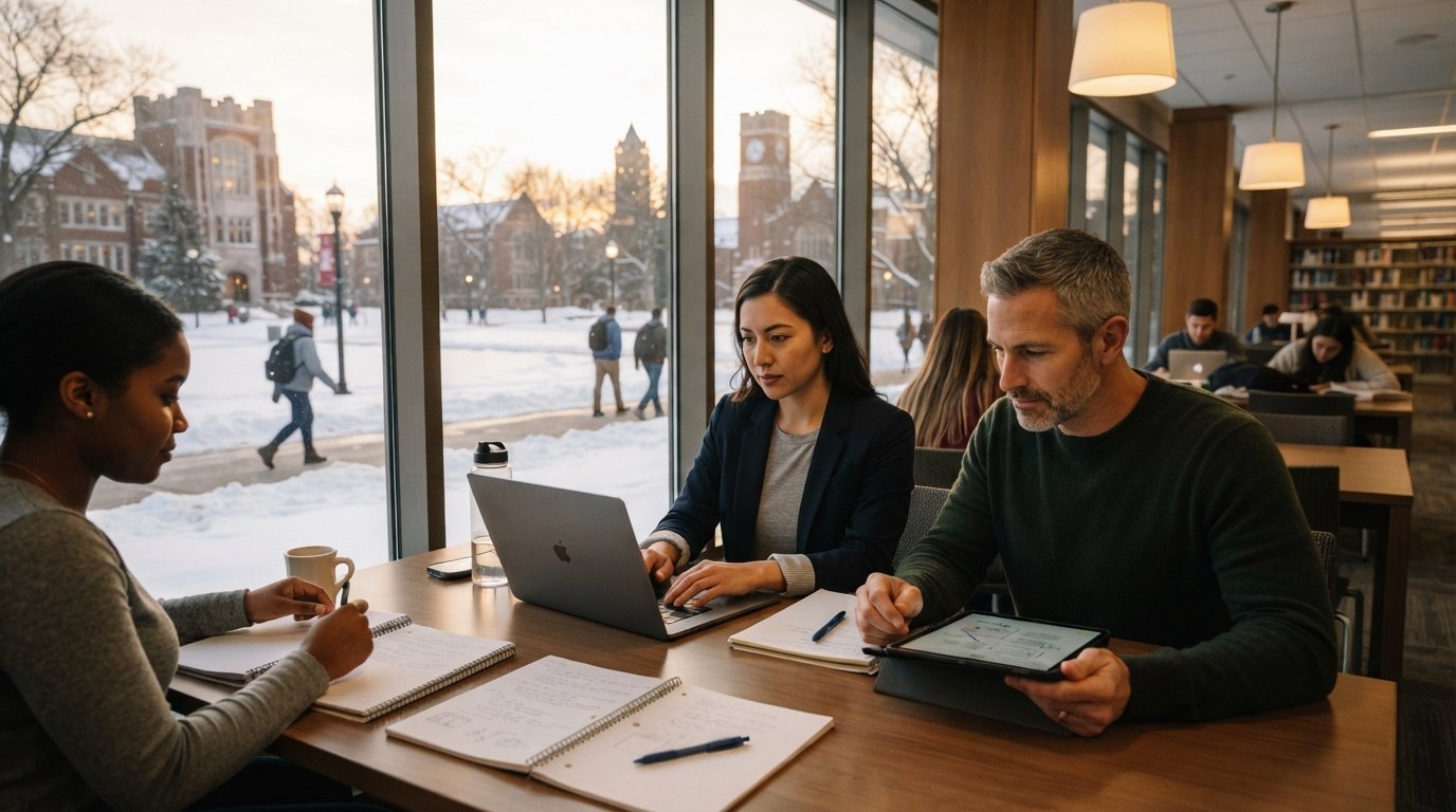 Two adult students study with a laptop and tablet at a wooden table in a university library, snowy campus visible through…