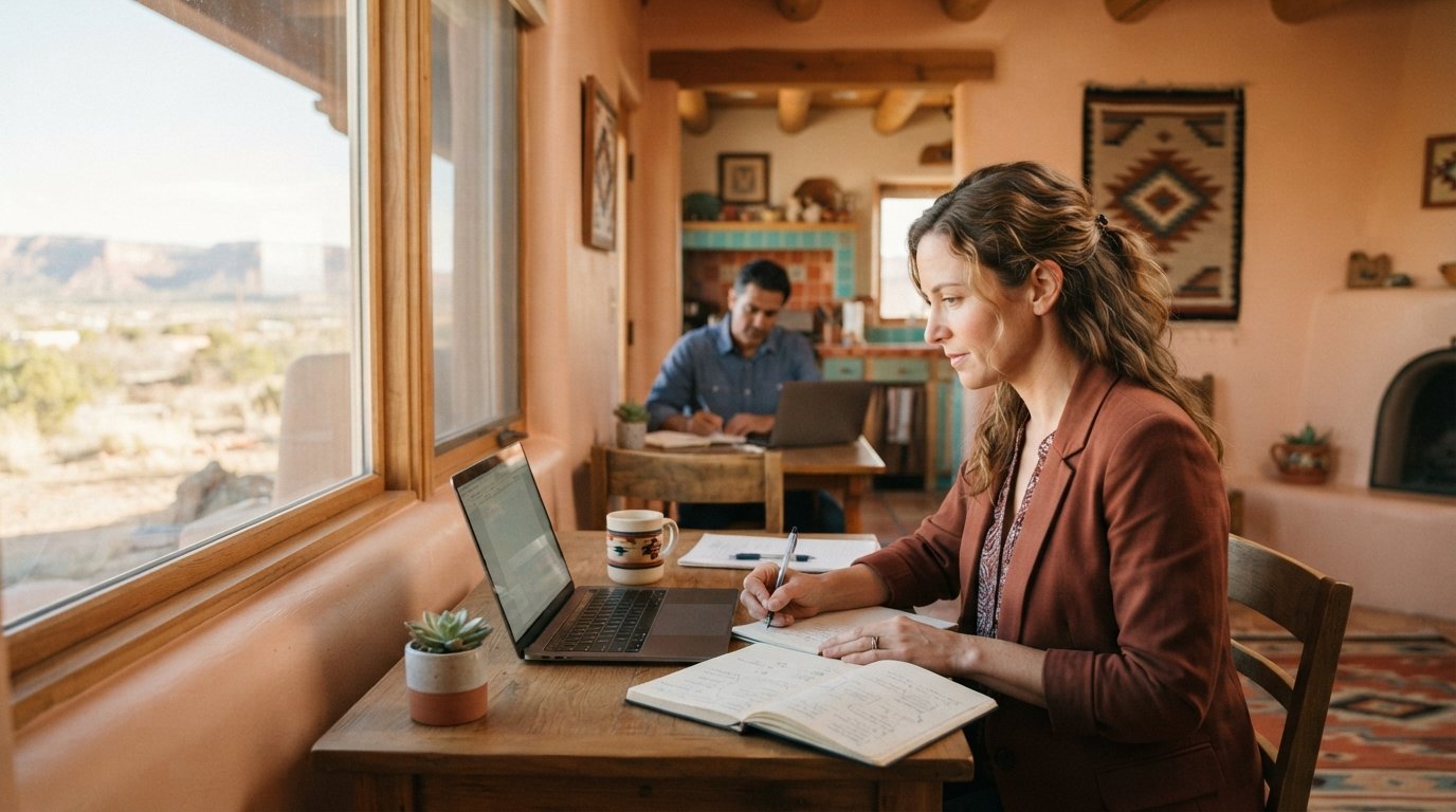 Adult woman in a blazer studies at a home desk with a laptop, mug, and notebook, while a man takes notes at a nearby table…