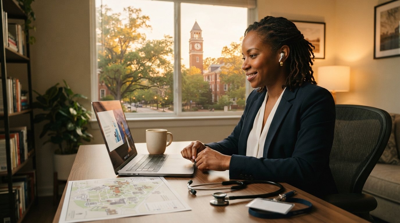 Woman in navy blazer at a home desk watching a virtual lecture, with a North Carolina campus map, stethoscope, and…