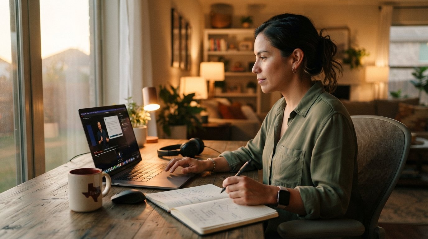 Adult learner at a wooden desk with a laptop showing a video lecture, notebook, coffee mug, and headset in a warmly lit…