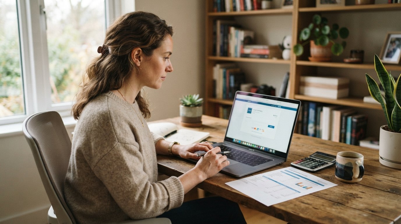 Adult learner in a sweater reviews a course payment on a laptop beside a printed tuition breakdown, calculator, and coffee…