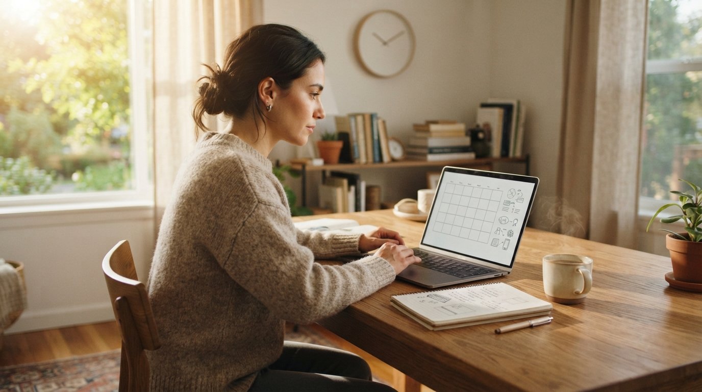 Adult student in a sweater at a wooden desk with a laptop showing a blank calendar, notebook, coffee mug, wall clock, and…