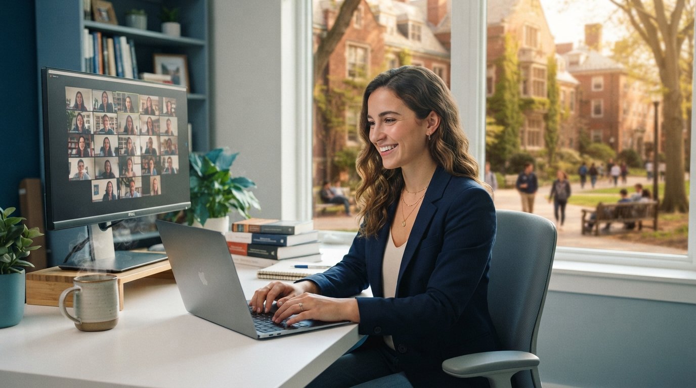 Young professional woman smiling while taking an online class on her laptop in a bright home office, with a university…