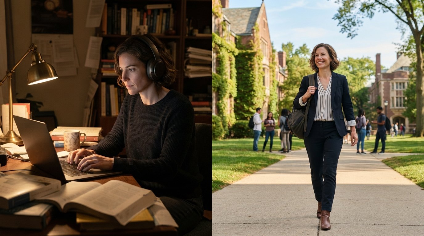 Split image of a career changer studying at a home desk at night and walking across a sunlit university campus