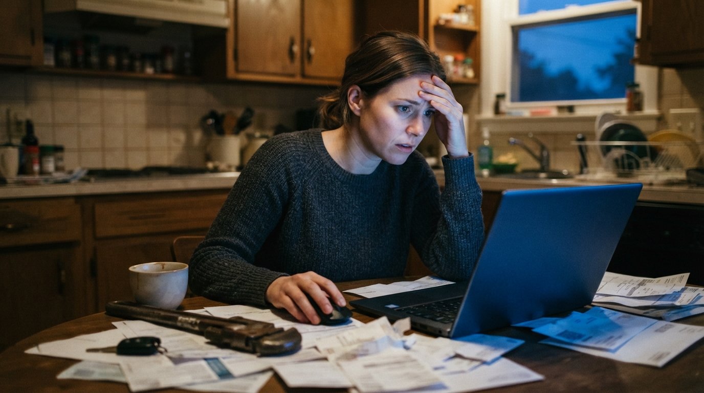 Young woman at a kitchen table at dusk, face lit by a laptop, hand on forehead, with bills and a pipe wrench nearby