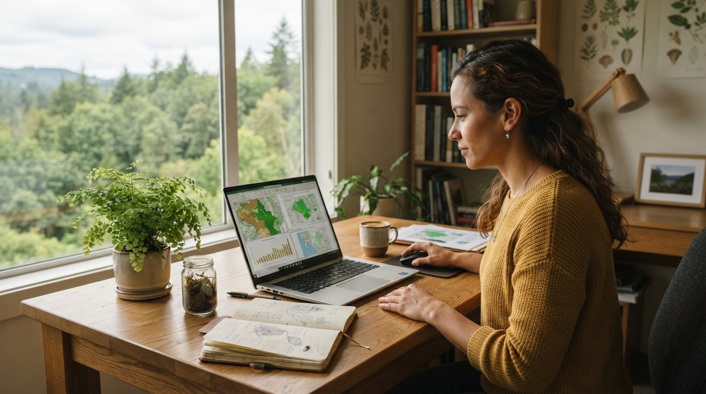 Mid-career professional at a home desk reviewing conservation policy documents and ecological maps on a laptop, with a…