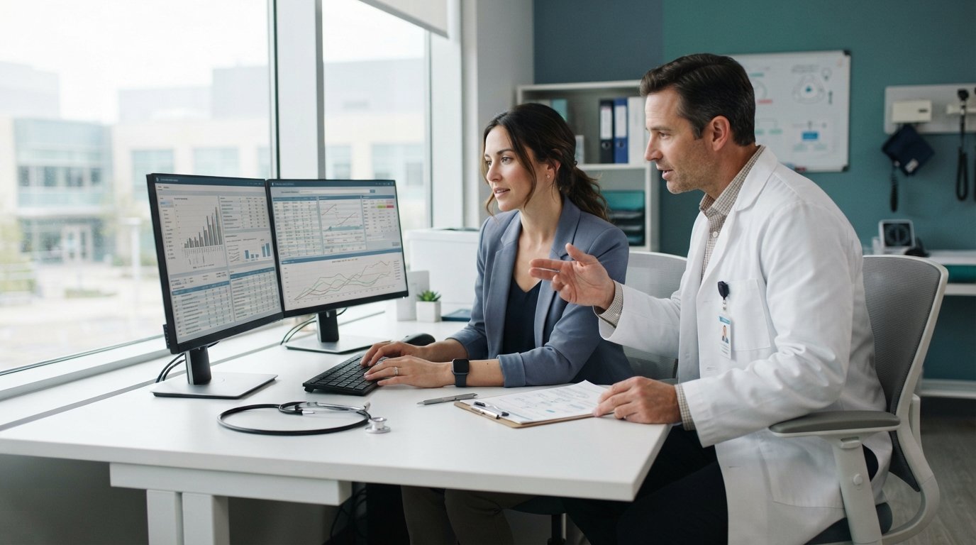 Female health information manager at desk with dual monitors, reviewing patient data charts while a male colleague in a lab…