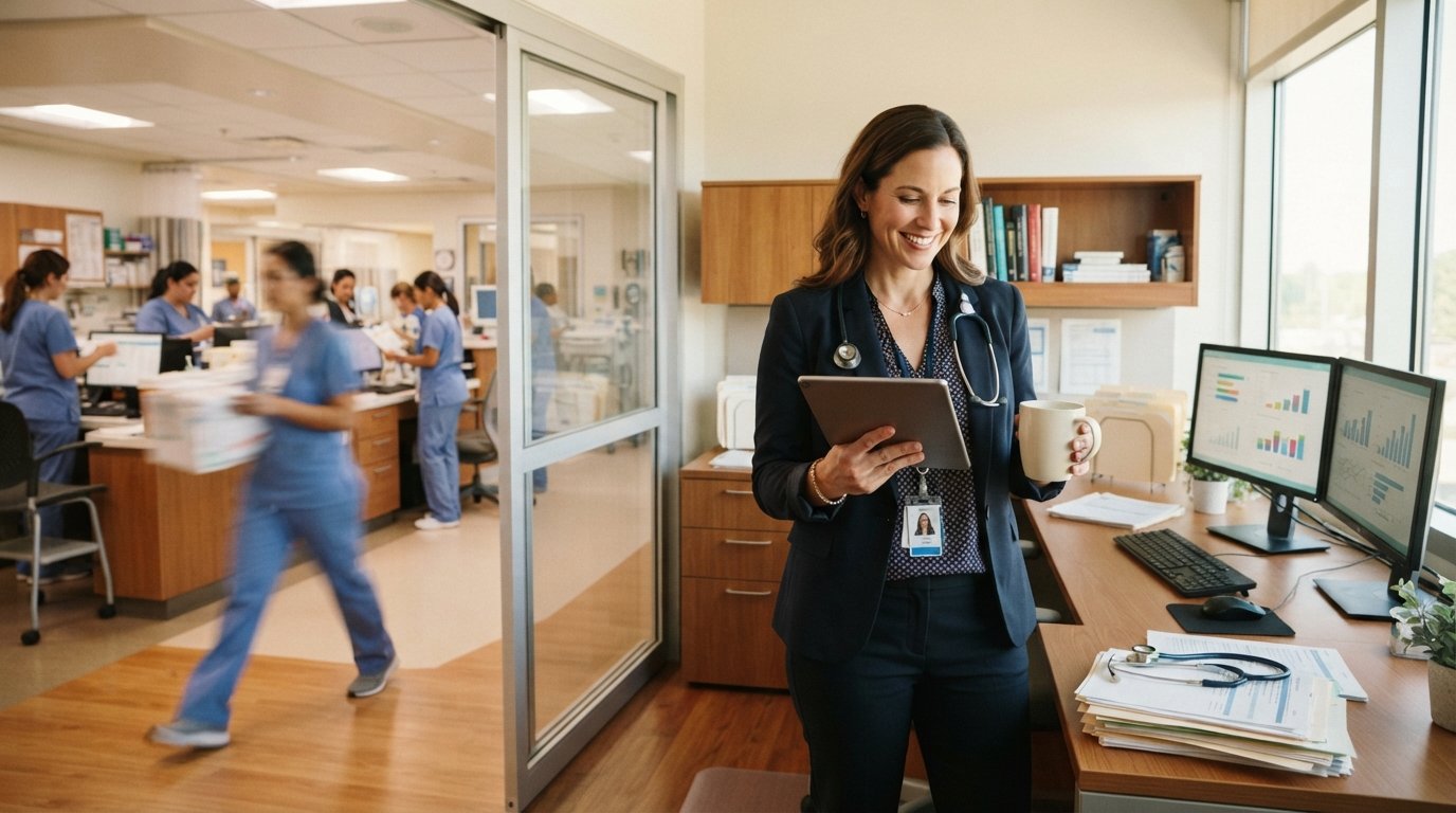 Healthcare administrator in a navy blazer reviews a budget report on a tablet in a bright hospital office, with a nurses'…