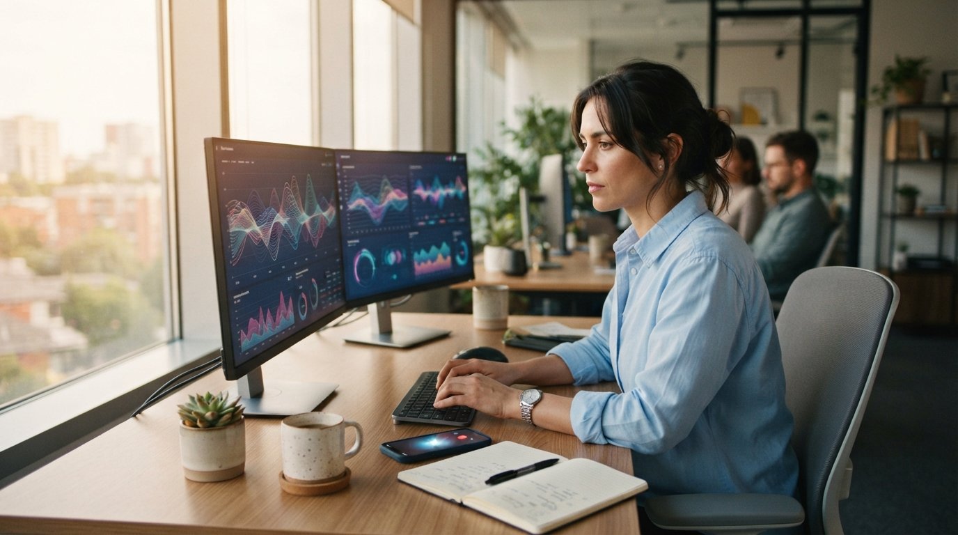 Marketer in light blue shirt at wooden desk with dual monitors showing colorful call tracking dashboards, smartphone with…