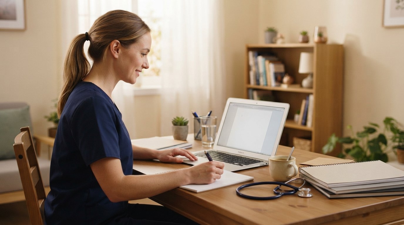 Nurse in navy scrubs sits at a home desk with a silver laptop, study binders, stethoscope, and coffee mug in warm morning…
