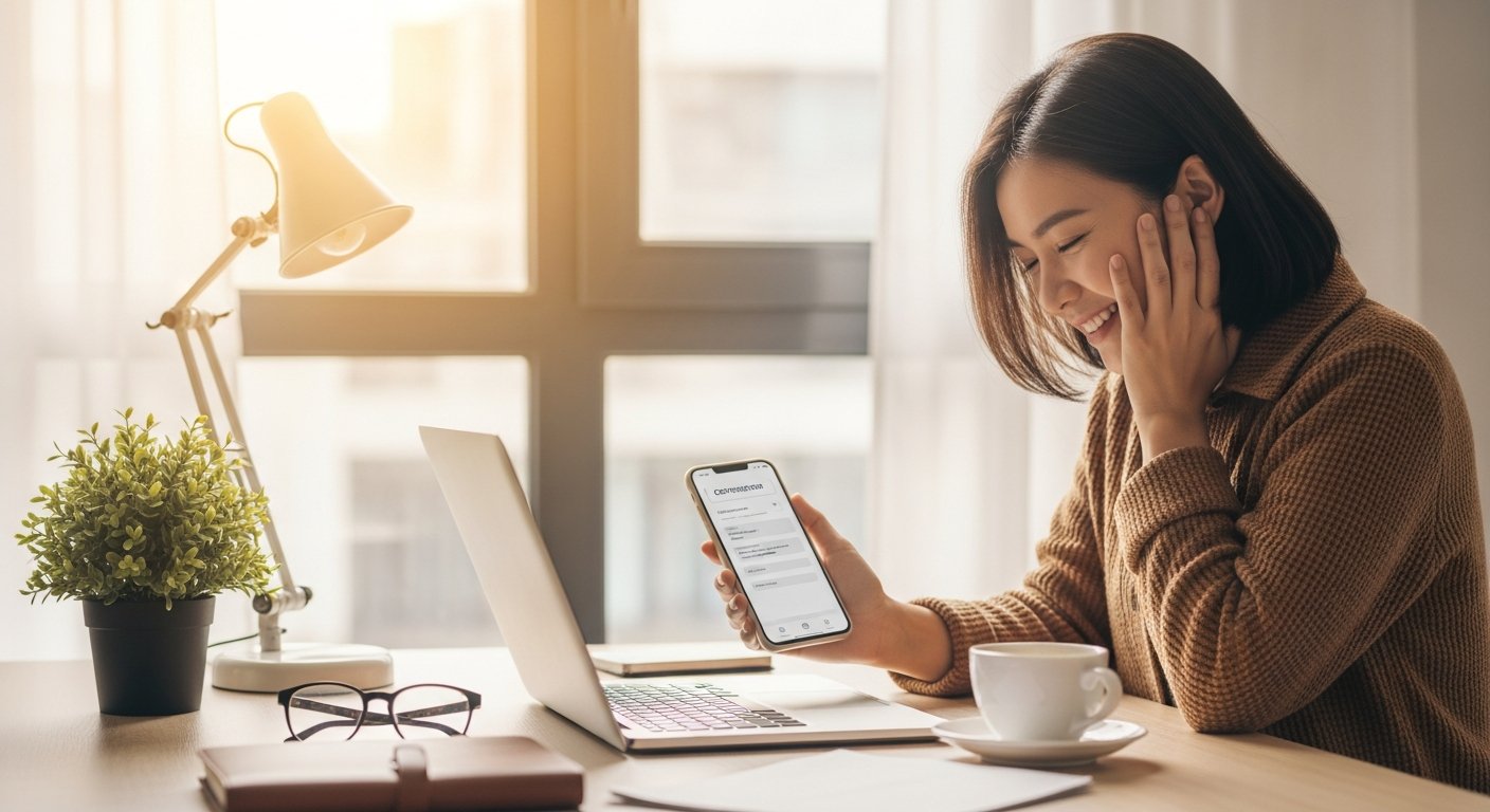 Smiling person holding a smartphone with a confirmation screen at a bright home office desk, laptop open nearby