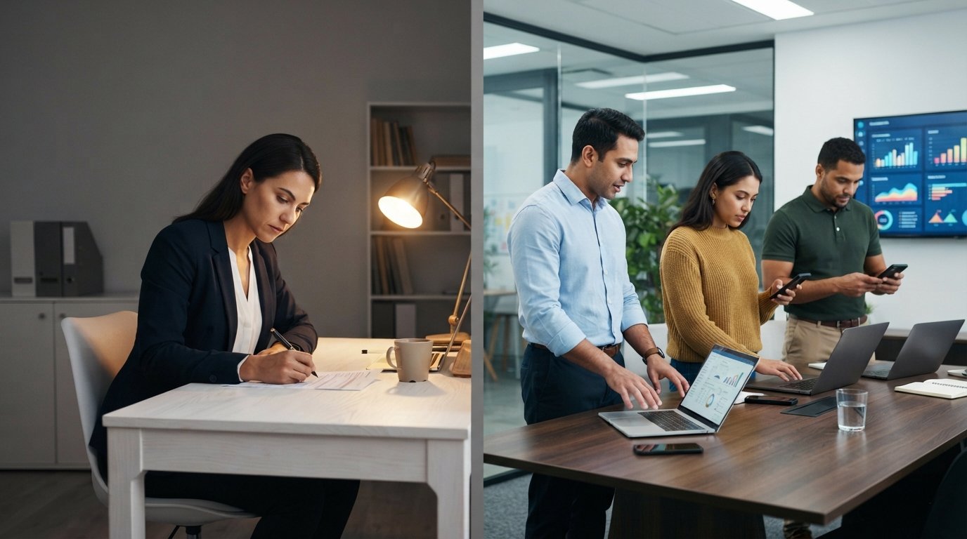 Side-by-side comparison: one woman applying for a loan alone at a desk versus three people working together on laptops…
