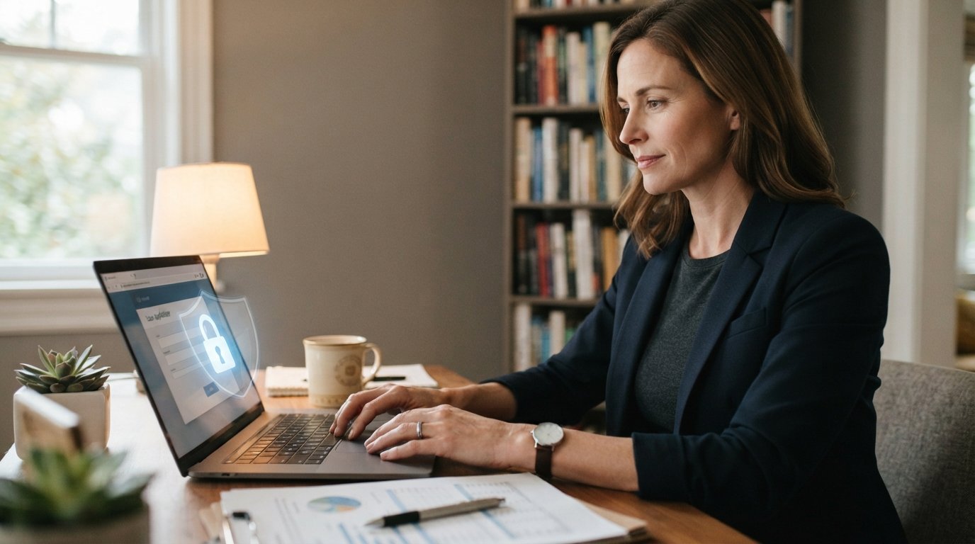 Person at a home office desk using a laptop with a glowing padlock and digital shield overlay, symbolizing secure online…