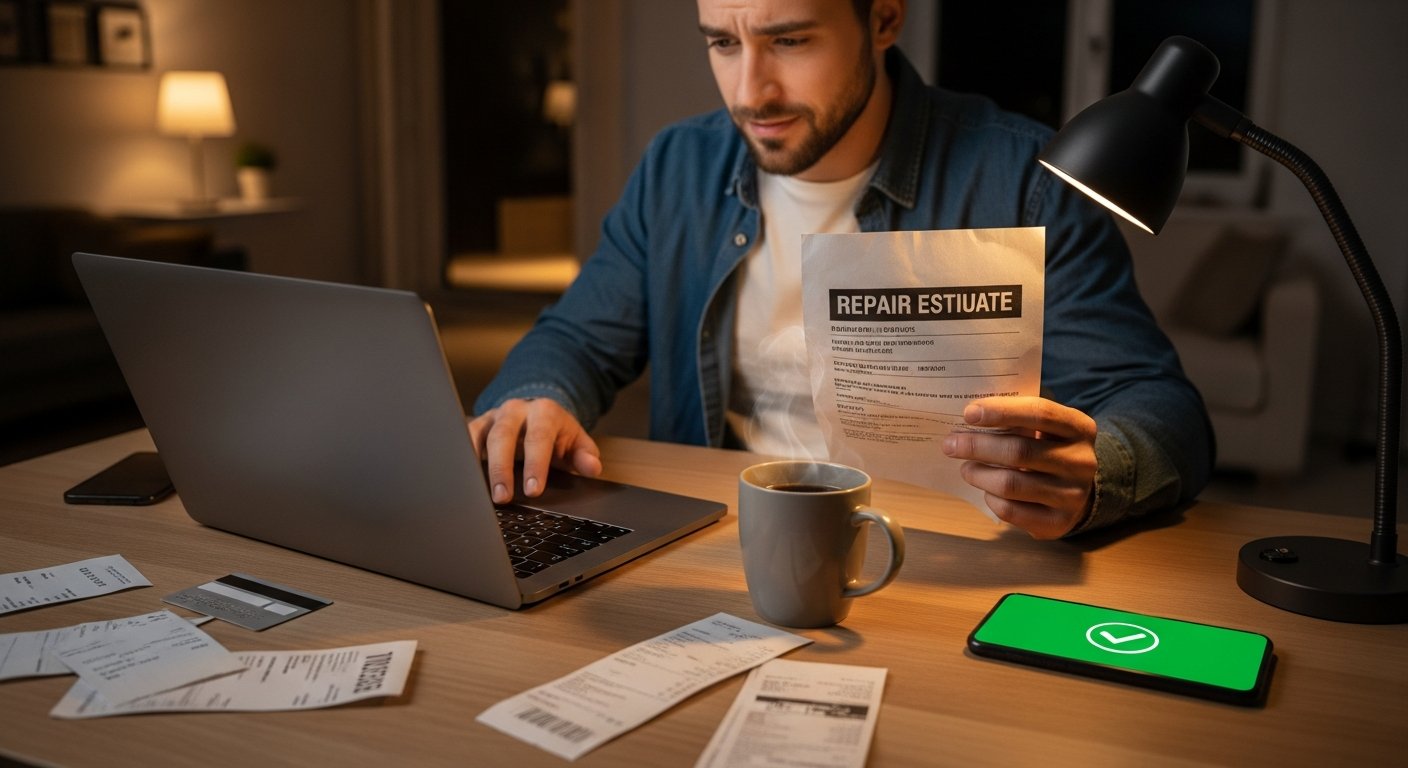 Man at a kitchen table at night typing on a laptop, holding a car repair estimate, with a smartphone showing a green…