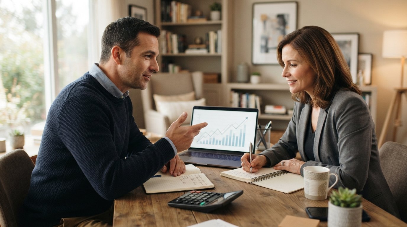 Man in navy sweater and woman in gray blazer review a financial chart on a laptop at a home office desk with notebooks,…