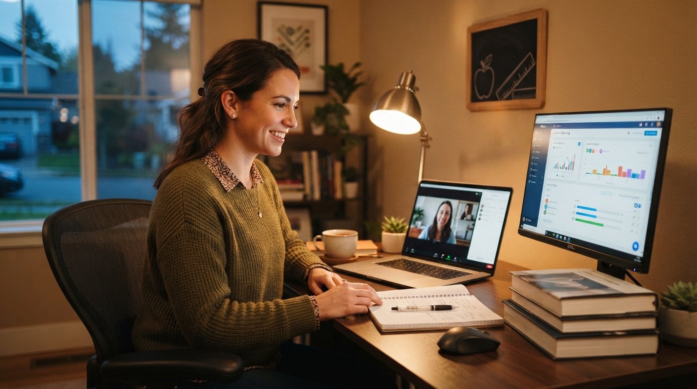 Woman smiling at laptop in home office with books and monitor showing a video lecture