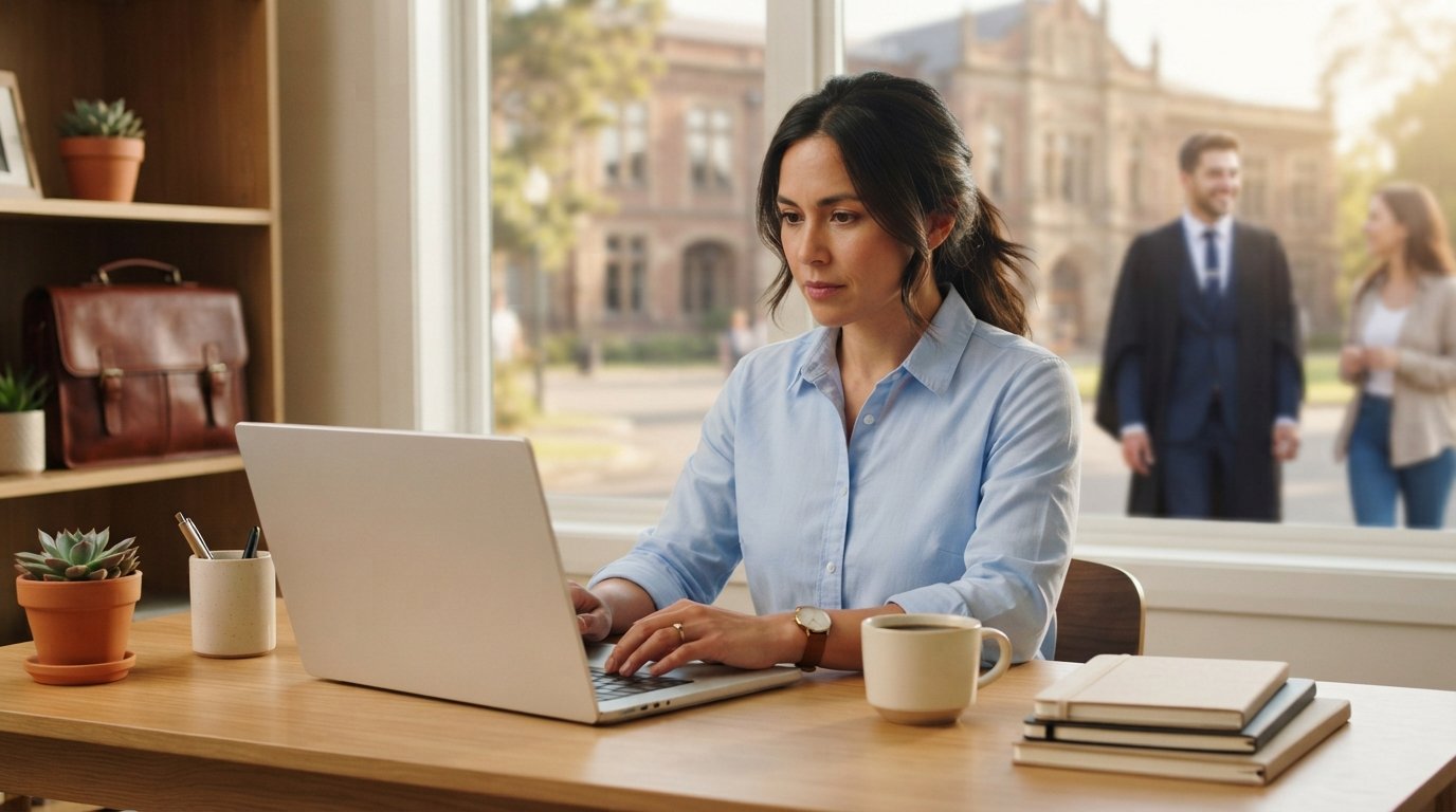 Professional in button-down shirt working at a tidy home office desk with laptop, coffee mug, and notebooks, campus…