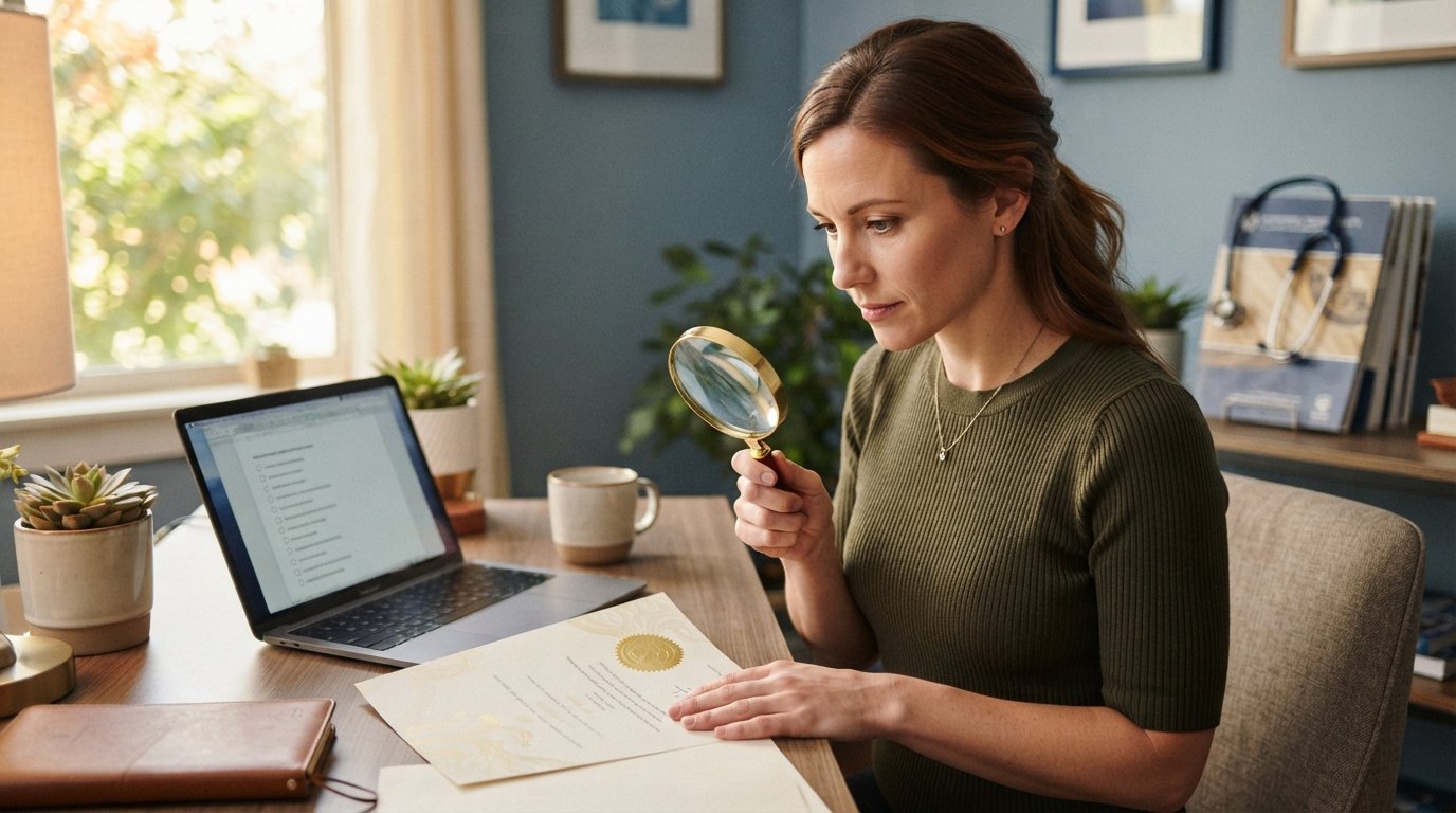 Woman in business casual attire examines a printed document with a gold seal using a magnifying glass at a desk with a…
