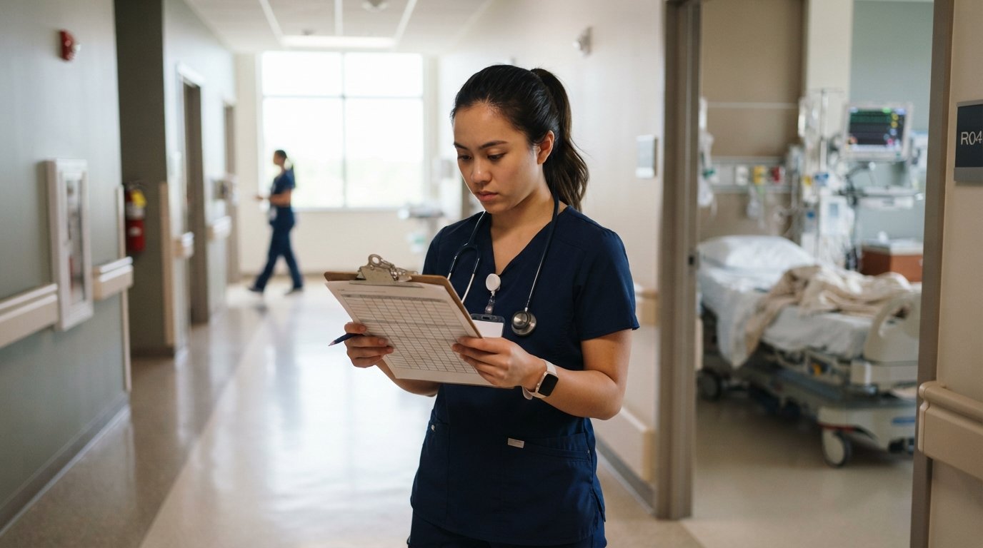 Nursing student in navy scrubs and stethoscope reads a clipboard schedule in a bright hospital hallway