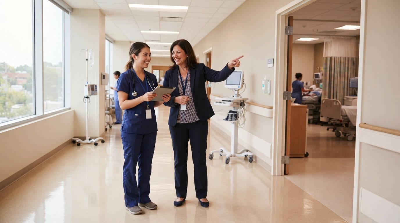 Nursing student in navy scrubs holding tablet smiles as clinical coordinator points toward patient ward doorway