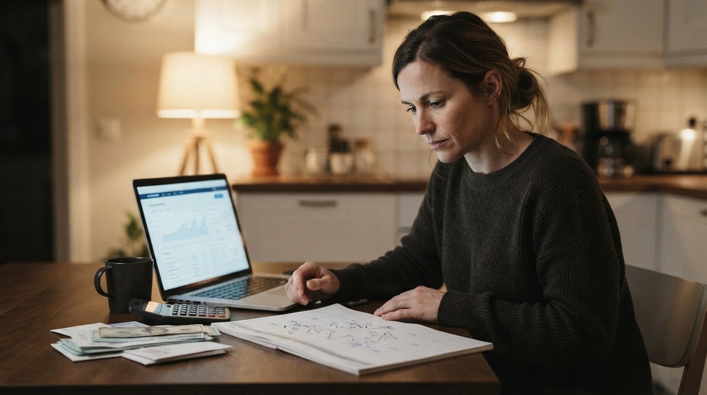 Woman at a kitchen table at night reviewing a calendar of due dates beside a laptop showing online banking, a calculator,…