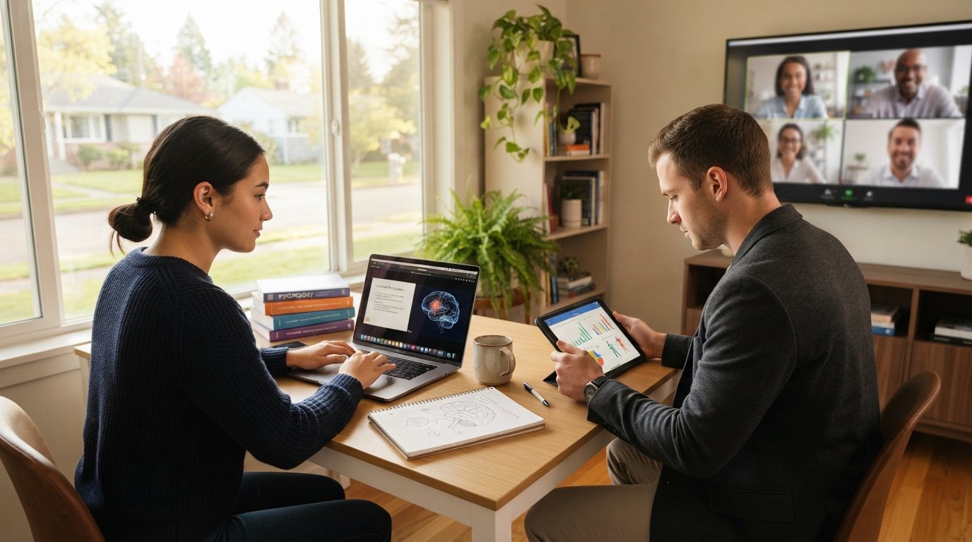 Woman studying psychology online at home with laptop and textbooks, while a man reviews a chart and a video meeting plays…
