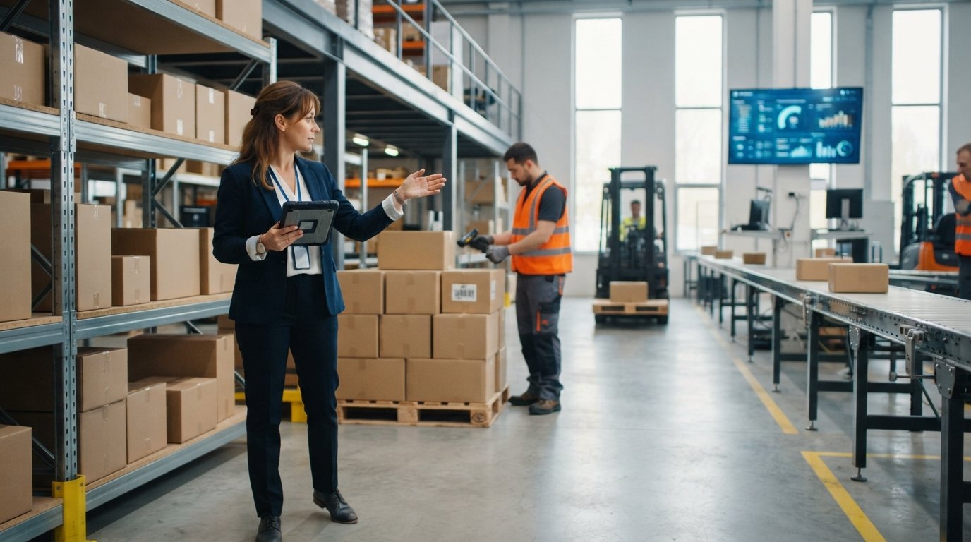 Logistics manager with tablet oversees worker scanning barcode on pallet in bright distribution center