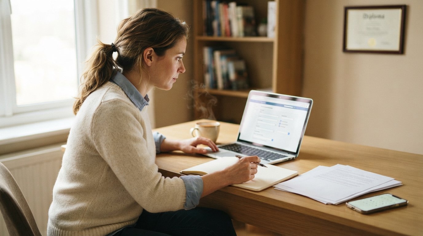 Woman in her 30s at a home office desk, completing an online university application on her laptop with coffee and notes…