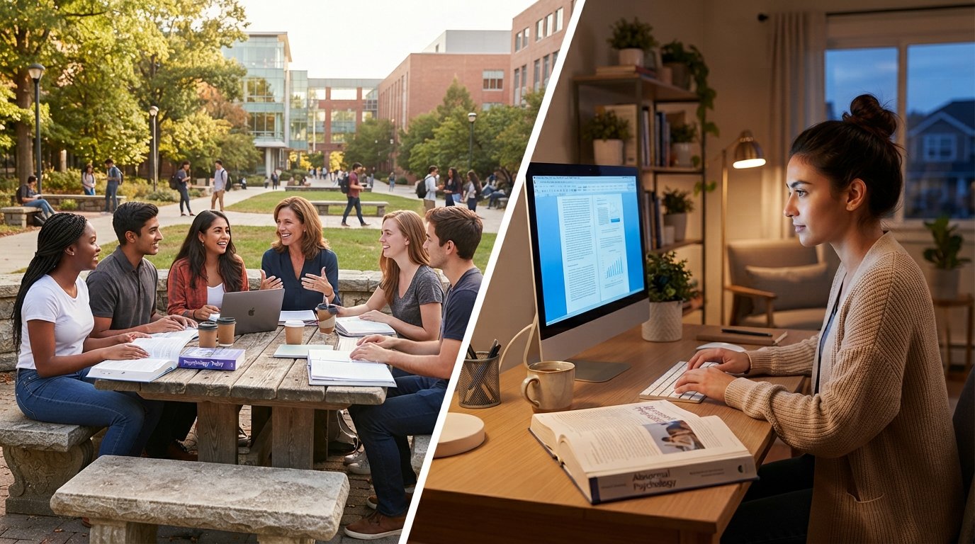 Split scene: university students discussing on a sunny campus quad versus a woman studying psychology online in a cozy home…