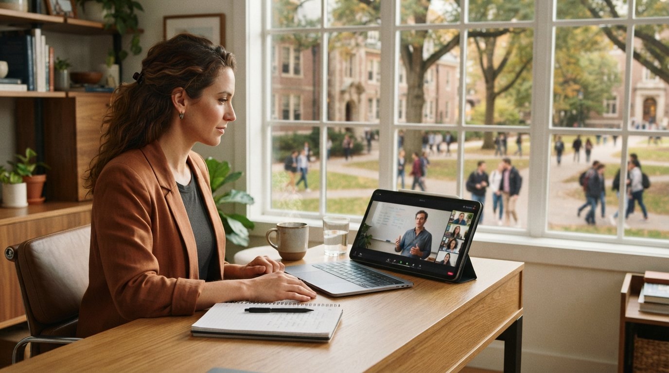 A professional woman in a casual blazer studies on a laptop in a sunlit home office, while a tablet shows a video lecture…