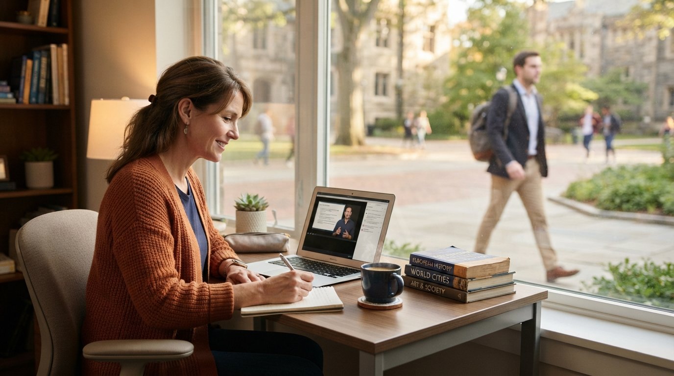 Woman in her late 30s studying on a laptop at a home desk with coffee and textbooks; a man with a backpack crosses a sunlit…