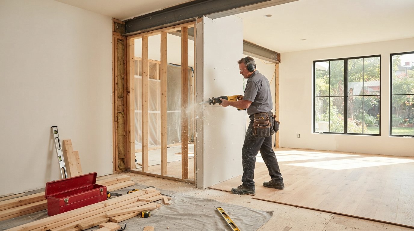 Contractor in grey shirt and tool belt cutting drywall with reciprocating saw in bright living room, exposing wood studs…