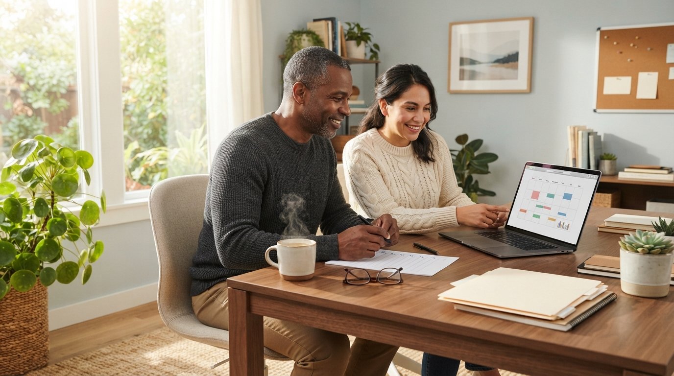 Adult couple at a wooden desk reviewing an insurance checklist and calendar on a laptop, with coffee and folders nearby