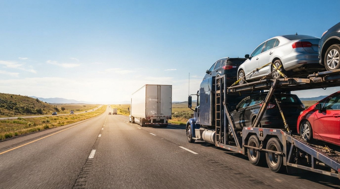 Silver sedan on open car carrier truck beside white enclosed auto transporter on sunny highway