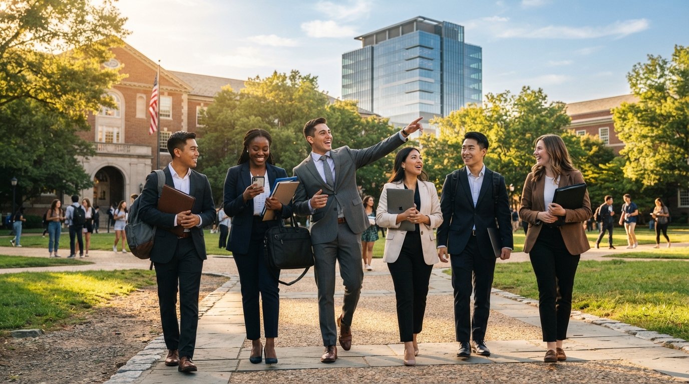 Graduates in business attire walking across a sunlit campus quad, holding folders and laptops, with an office building and…