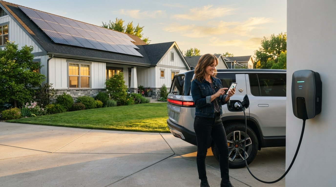 Silver electric SUV plugged into a wall-mounted home charger, with solar panels on the white house roof above and a woman…
