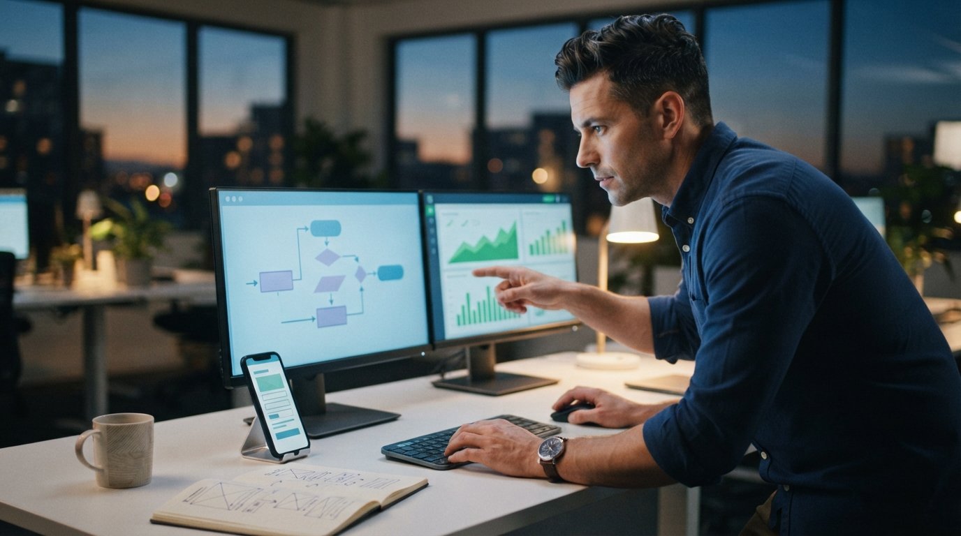 Marketer in navy shirt points at dual monitors showing form-flow diagrams and rising data graphs beside a phone with a lead…