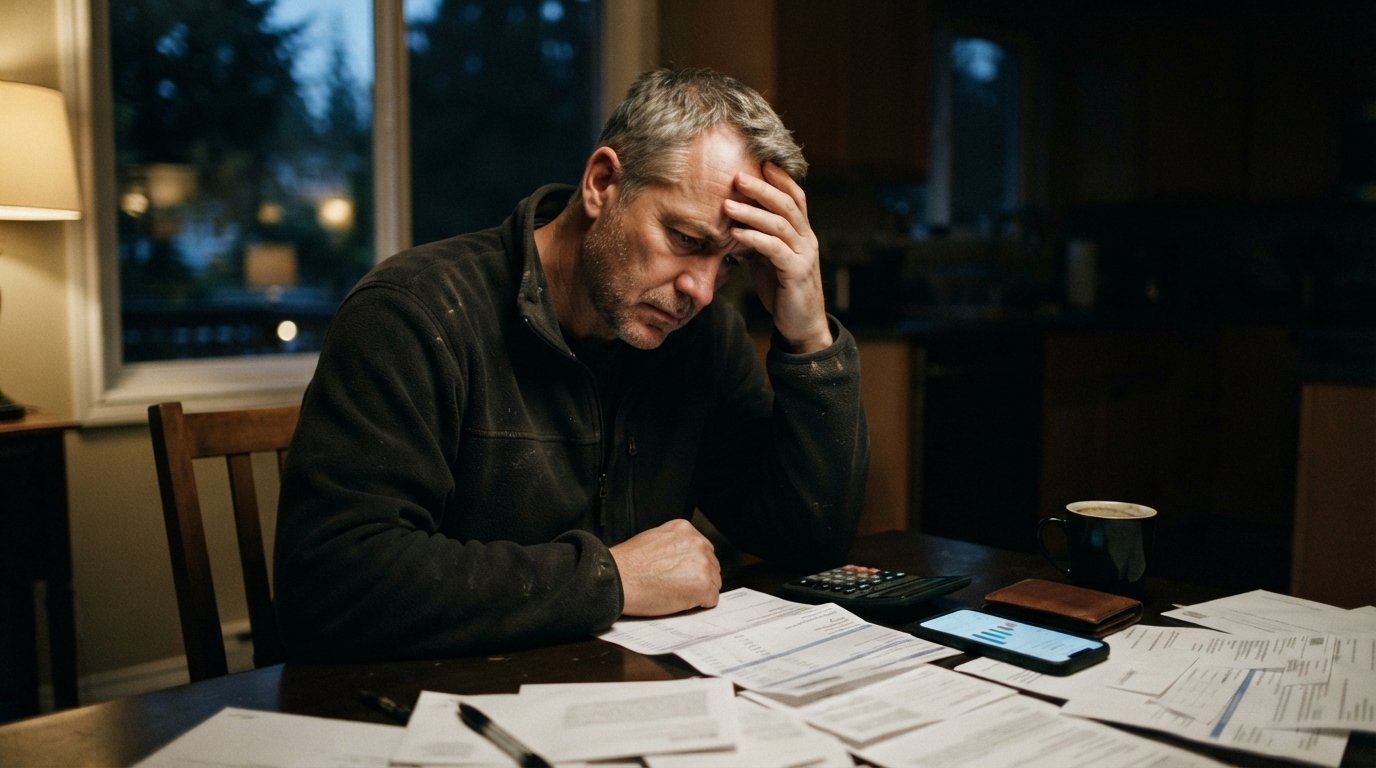 Worried middle-aged man at a kitchen table at night, hand on forehead, looking at a credit card statement and calculator…