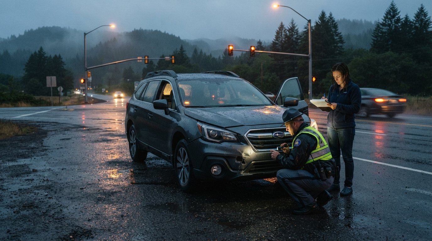 Police officer inspecting a crumpled sedan at a wet Oregon intersection as a driver reviews paperwork
