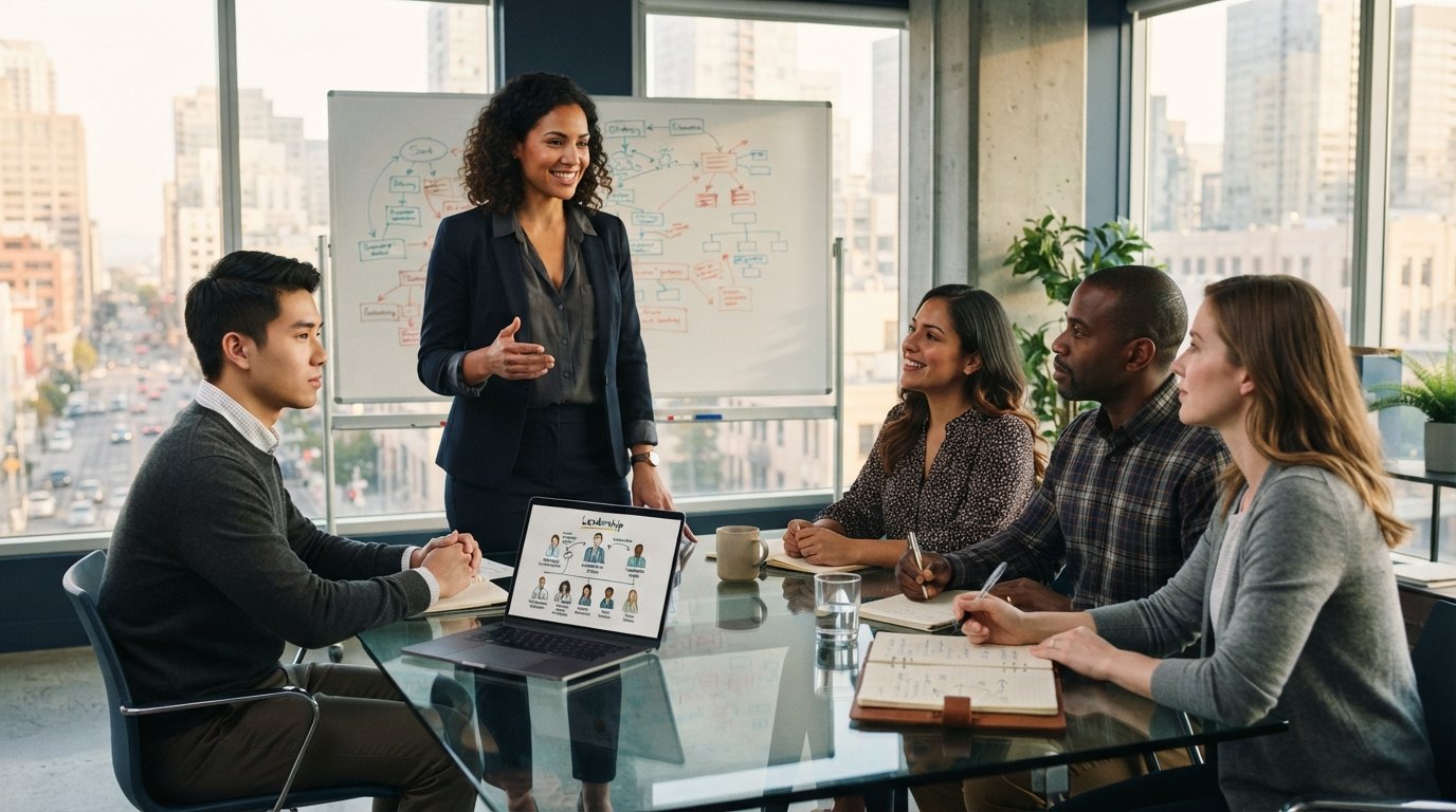 Professional in blazer presenting leadership diagram on laptop to diverse team in sunlit conference room
