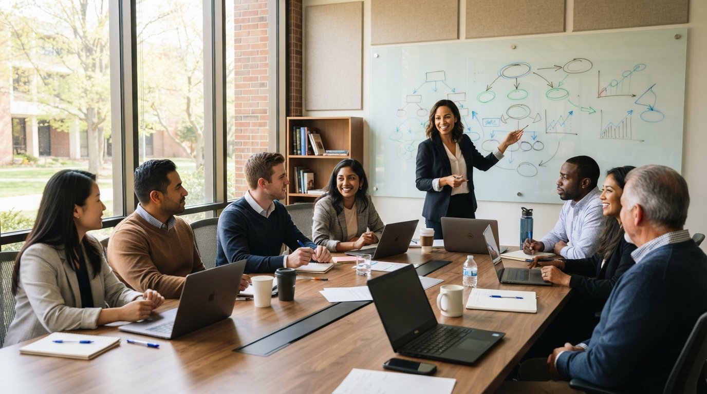Diverse adult graduate students in business casual attire collaborate around a conference table with laptops and notebooks…
