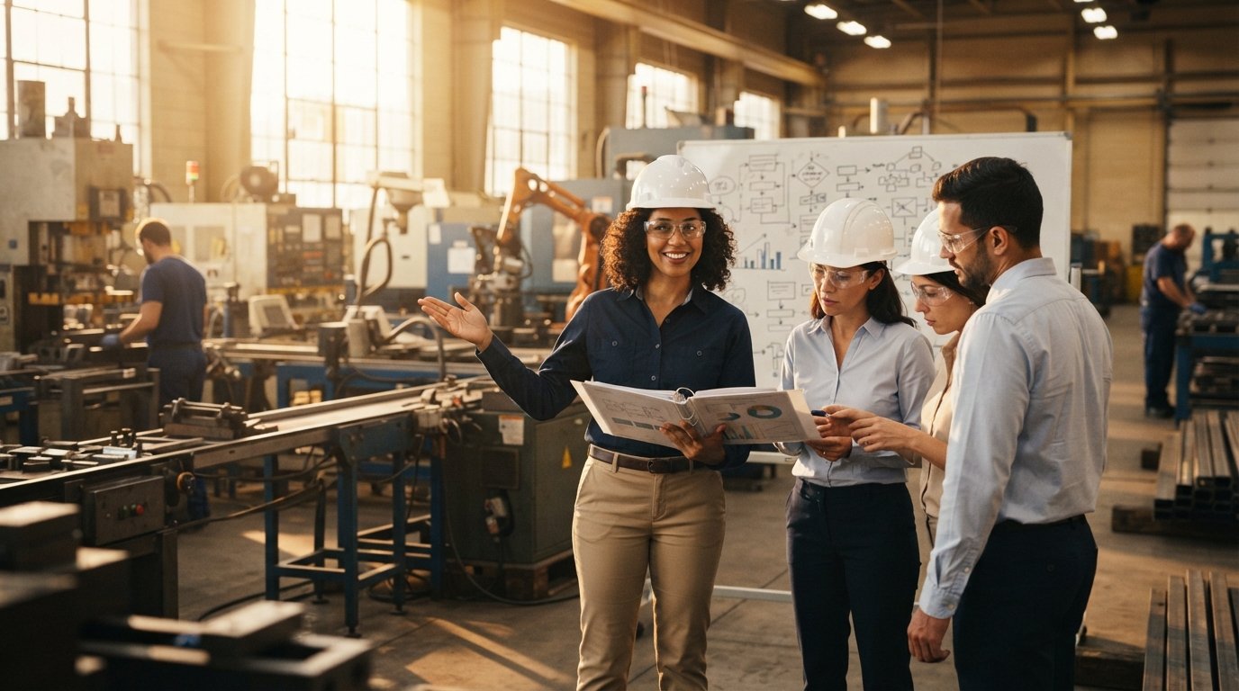 Mid-career professional in hard hat and safety glasses reviews a leadership training binder with colleagues beside…