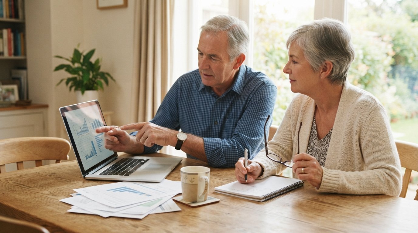 Retired couple at a sunlit kitchen table reviewing insurance paperwork, man pointing at a laptop while woman holds reading…