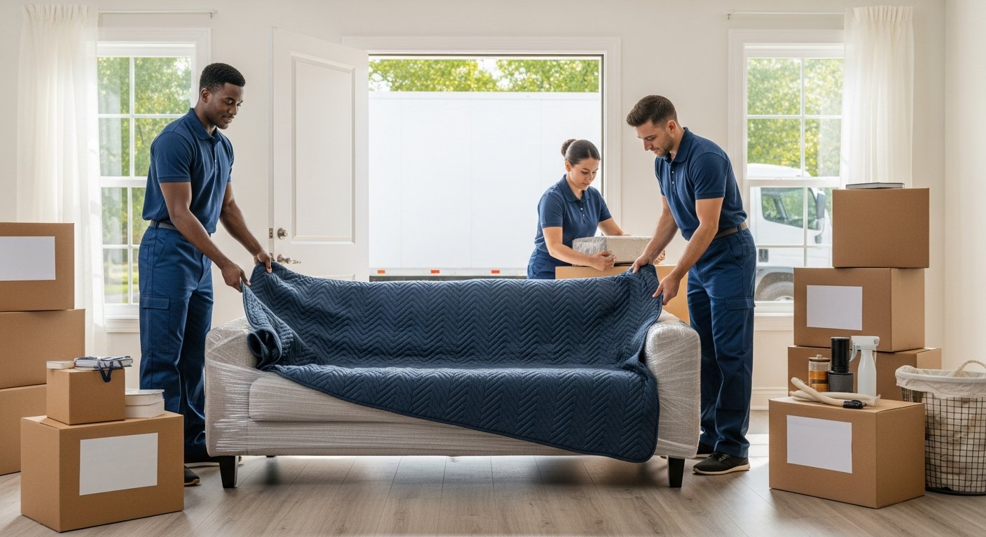 Two movers in navy uniforms wrap a sofa with padded blankets in a bright living room, with a moving truck visible through…