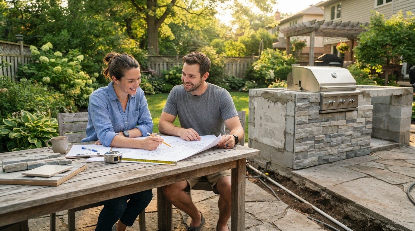 Couple reviewing blueprints at a patio table beside a concrete block outdoor kitchen island with a stainless steel grill,…